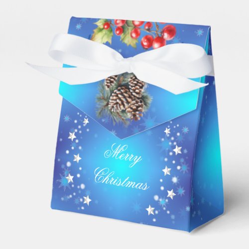 Icy Blue White Stars Pine Cone Red Berries Gift Favor Boxes