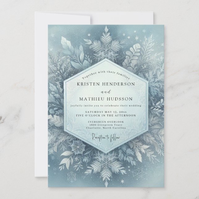 Icy Blue Winter Flora Wedding Invitation (Front)