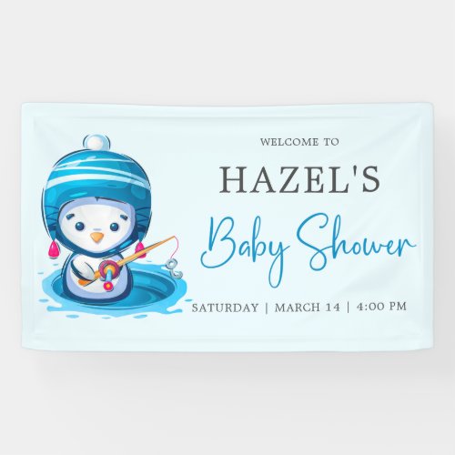 Icy Blue Winter Penguin Fishing Baby Shower  Banner