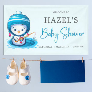 Icy Blue Winter Penguin Fishing Baby Shower  Banner