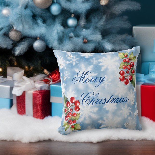 Icy Blue Winter Snowflakes & Holly Merry Christmas Throw Pillow (Under the Christmas Tree)