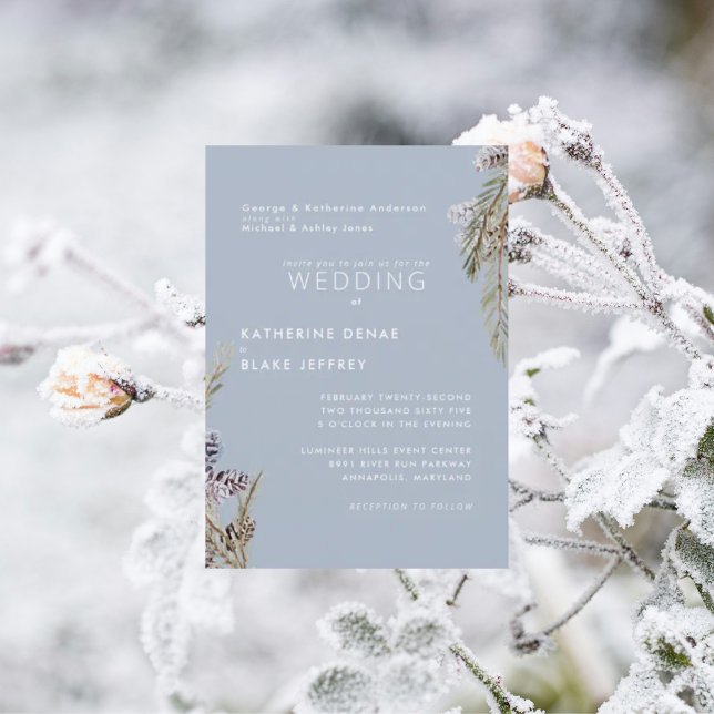 Icy Blue Winter Snowy Pine Cones Wedding Invitation (Creator Uploaded)