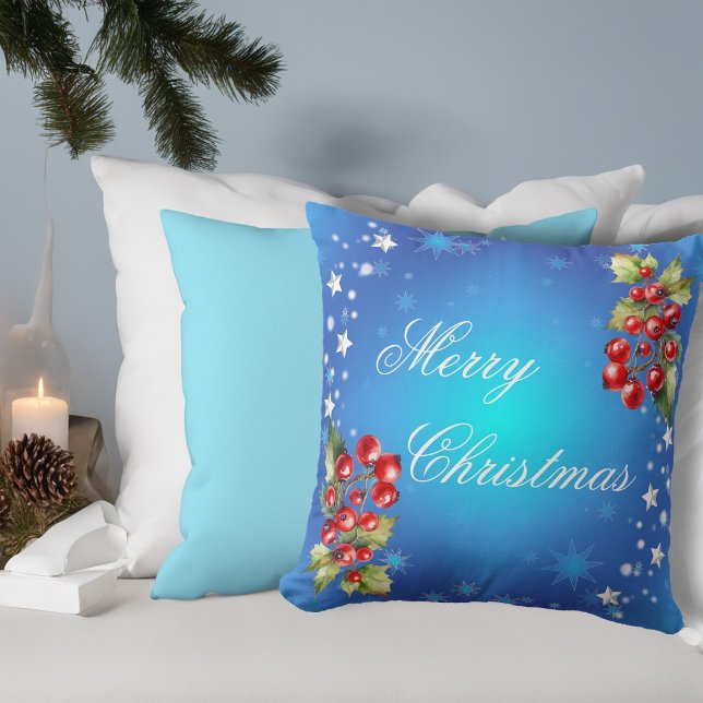 Icy Blue Winter Stars & Holly Merry Christmas Throw Pillow (Front)