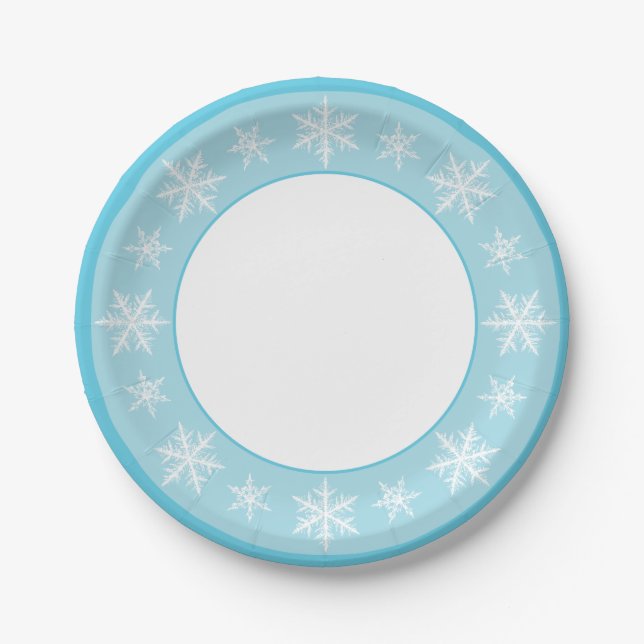 Icy Blue Winter Wonderland Snowflake Paper Plates (Front)