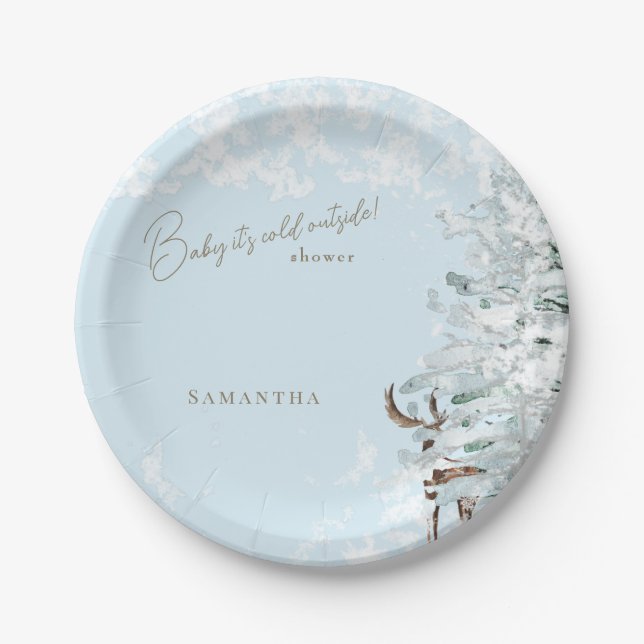 Icy Blue Woodland Baby it's Cold Outside Paper Plates (Front)