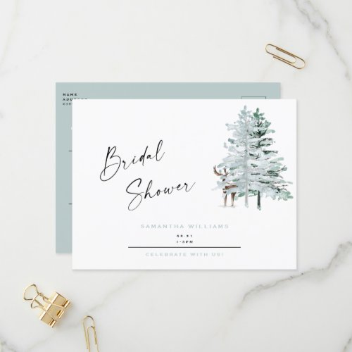 Icy blue Woodland Deer Winter Bridal Shower Invitation Postcard