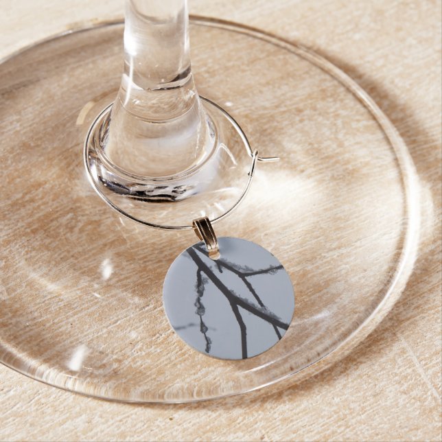 Icy Branches Winter Nature Photography Wine Glass Charm (In Situ)
