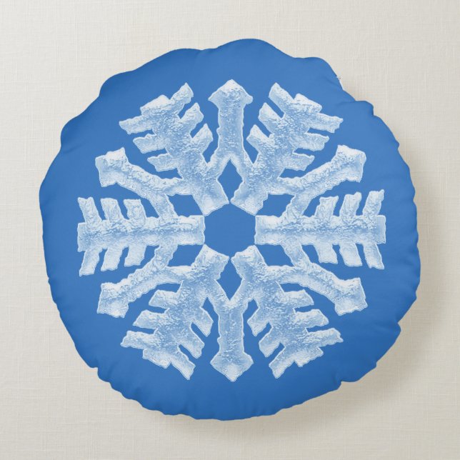 Icy Cool Blue Frozen Snowflake Winter Christmas Round Pillow (Back)