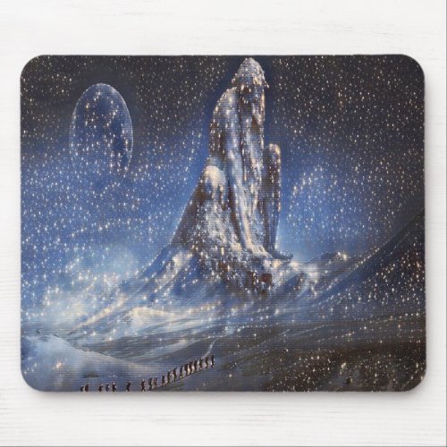 Icy crystal tall statue on mountain mouse pad