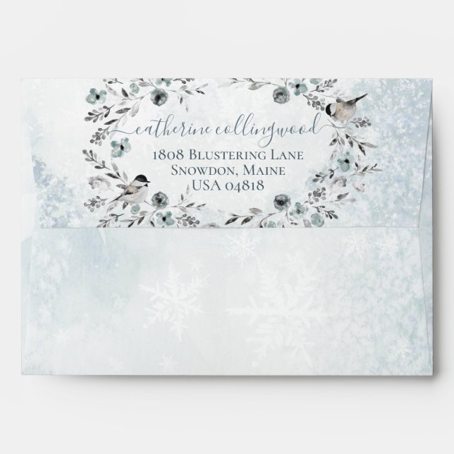 Icy Dusty Blue Snowy Winter Greenery Wreath Envelope (Back (Top Flap))