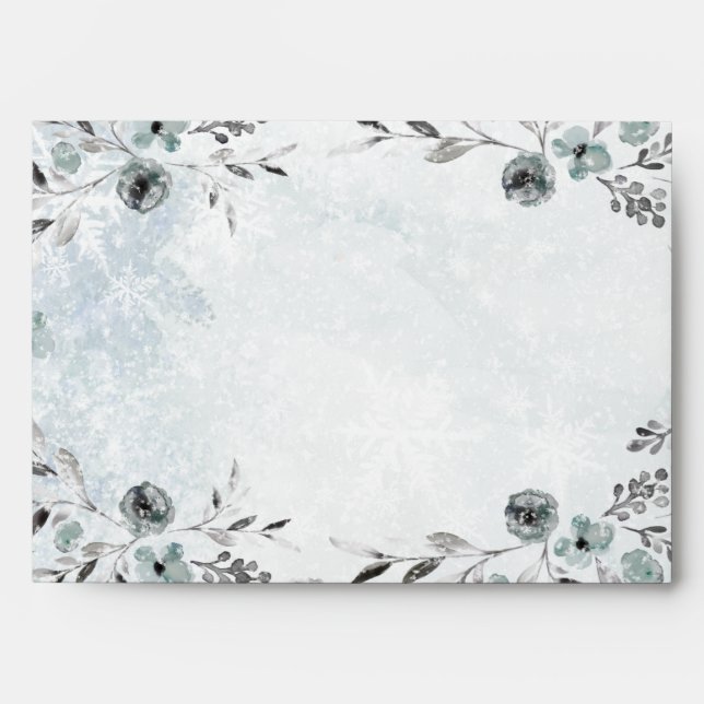Icy Dusty Blue Winter Greenery Script Calligraphy Envelope (Front)