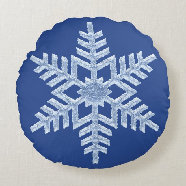 Icy Frozen Christmas Snowflake on Deep Blue Round Pillow (Front)