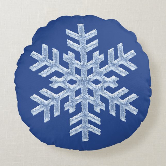 Icy Frozen Christmas Snowflake on Deep Blue Round Pillow (Front)