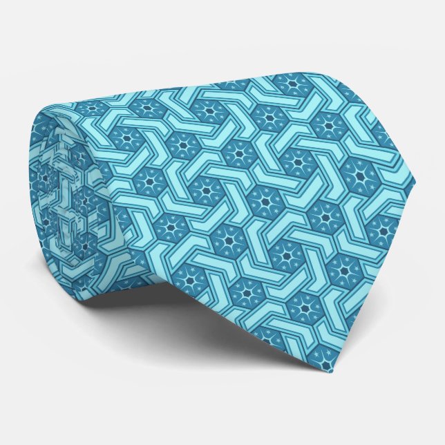 Icy Hexagon Pattern with Snowflakes Neck Tie (Rolled)