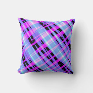 Icy Hot Pink Blue and Black Abstract Plaid Pillow