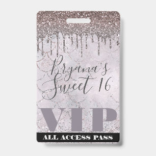 Icy Pink Glitter Drip Mermaid Sweet 16 VIP Pass Badge
