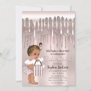 Icy Pink Rose Diamond Glitter Drip Brown Baby Invitation