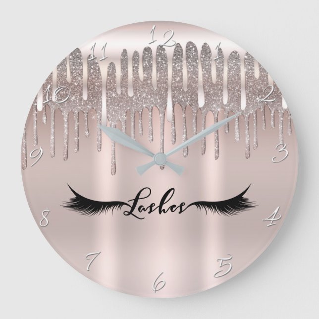 Icy Pink Rose Gold Diamond Glitter Drip Lashes Large Clock (Front)