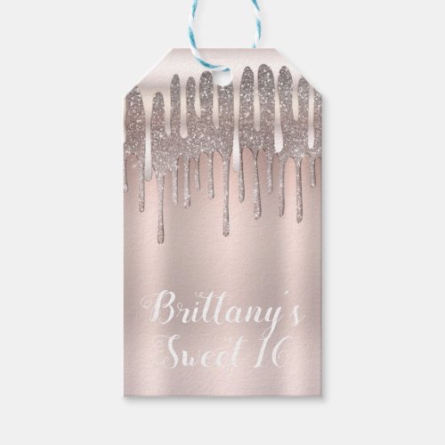 Icy Pink Rose Gold Diamond Glitter Drip Sweet 16 Gift Tags