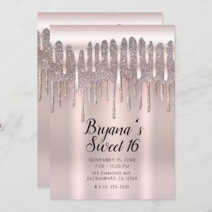 Icy Pink Rose Gold Diamond Glitter Drip Sweet 16 Invitation