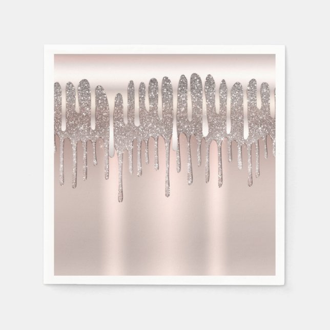Icy Pink Rose Gold Diamond Glitter Drip Sweet 16 Napkins (Front)
