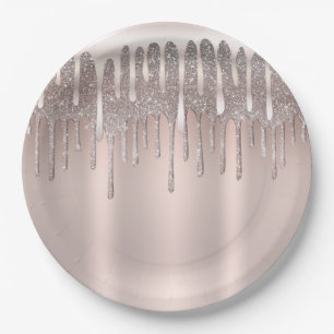 Icy Pink Rose Gold Diamond Glitter Drip Sweet 16 Paper Plates