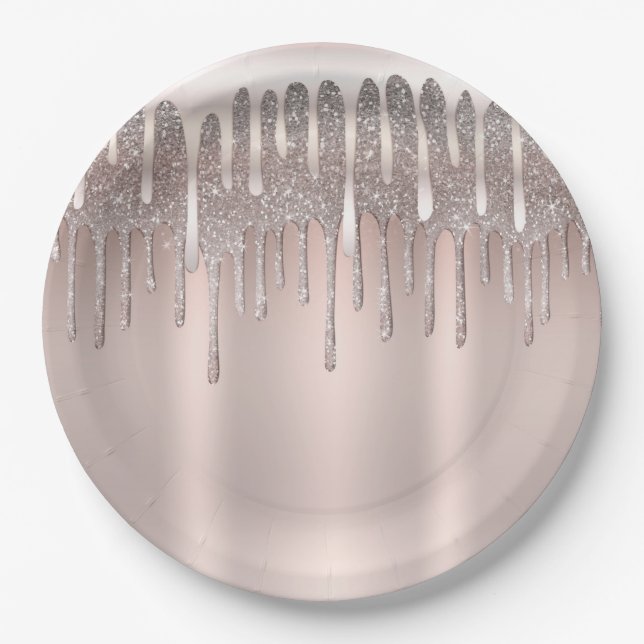Icy Pink Rose Gold Diamond Glitter Drip Sweet 16 Paper Plates (Front)