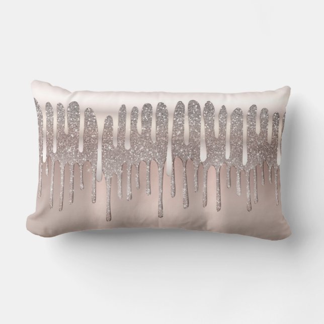 Icy Pink Rose Gold Diamond Glitter Sparkle Drip Lumbar Pillow (Front)