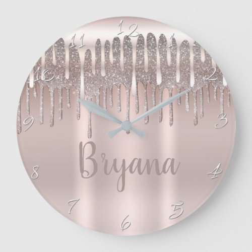 Icy Pink Rose Gold Diamond Sparkle Glitter Drip Large Clock