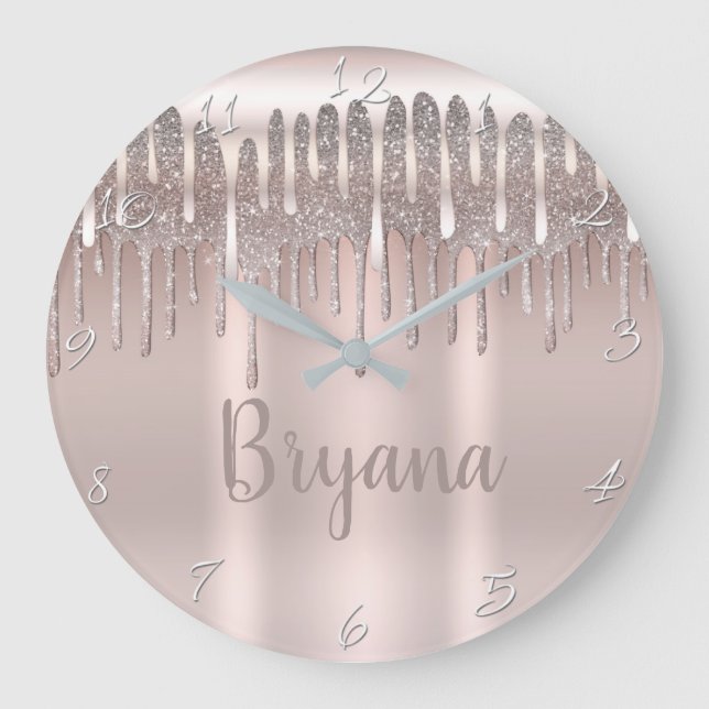 Icy Pink Rose Gold Diamond Sparkle Glitter Drip Large Clock (Front)