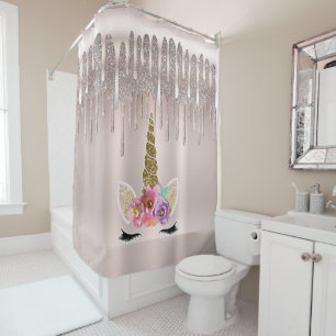 Icy Pink Rose Gold Glitter Drip Floral Unicorn Shower Curtain
