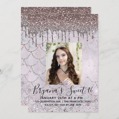 Icy Pink Rose Gold Glitter Drip Sweet 16 Photo Invitation