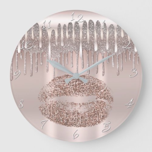 Icy Pink Rose Gold Lips Diamond Glitter Drip Large Clock