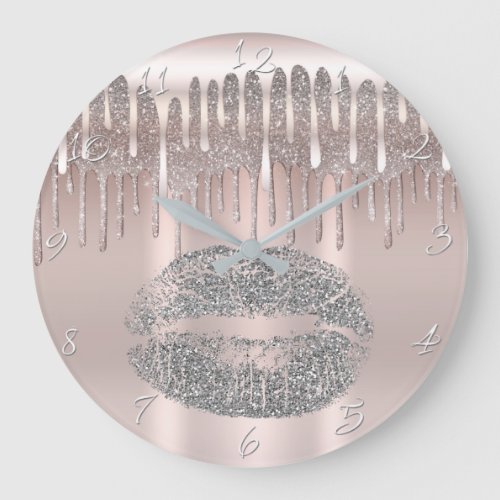 Icy Pink Rose Gold Silver Lips Glitter Drip Large Clock