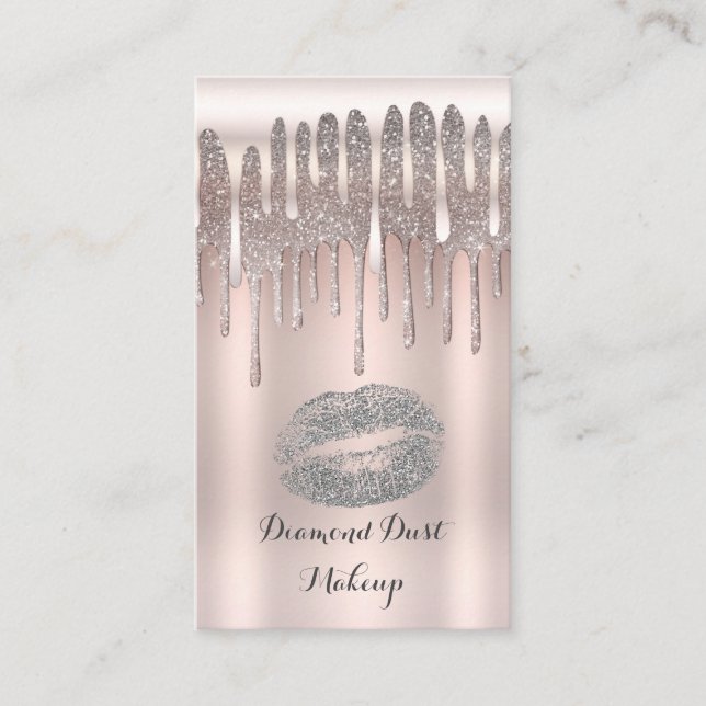 Icy Pink Silver Lips Kiss Diamond Glitter Drip Business Card (Front)
