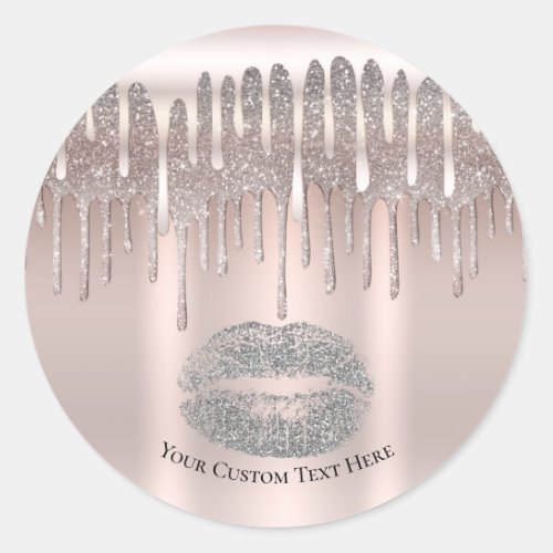 Icy Pink Silver Lips Kiss Diamond Glitter Drip Classic Round Sticker