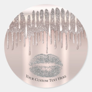 Icy Pink Silver Lips Kiss Diamond Glitter Drip Classic Round Sticker