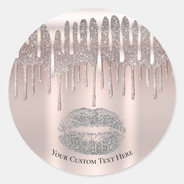 Icy Pink Silver Lips Kiss Diamond Glitter Drip Classic Round Sticker (Front)