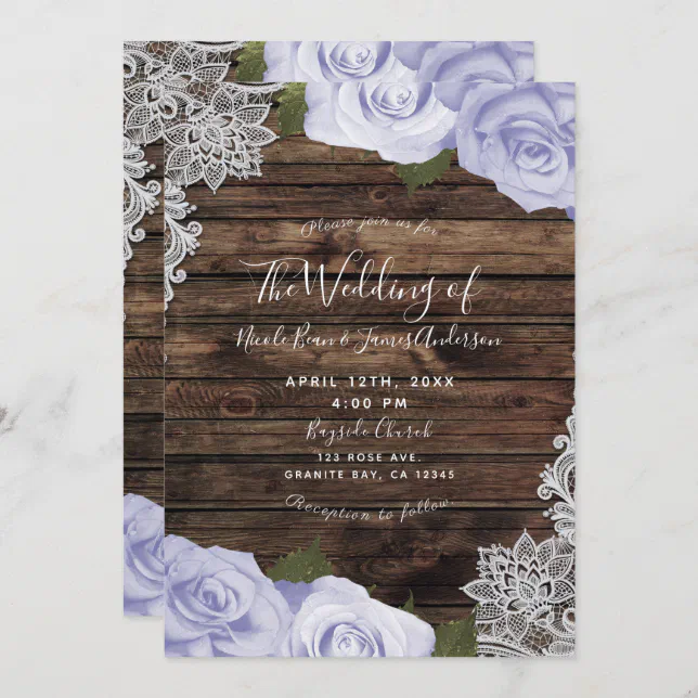 Icy Purple Floral Roses Rustic Wood & Lace Wedding Invitation 