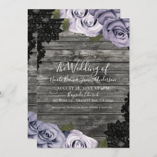 Icy Purple Roses Rustic Wood Black Lace Wedding Invitation