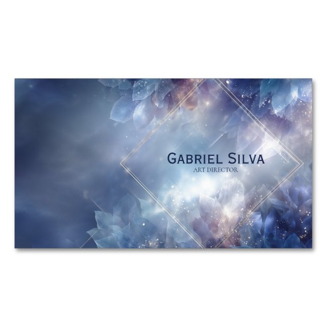 Icy Sapphire Floral Gold Diamond Celestial Business Card Magnet (Front)
