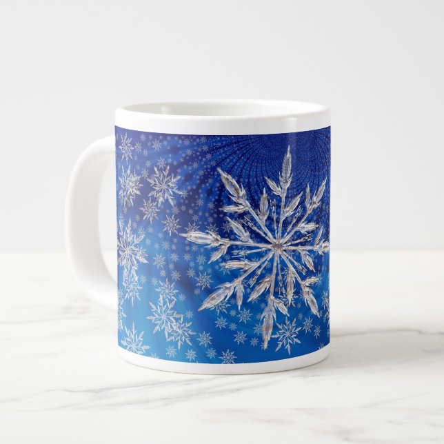 Icy Snowflakes on Blue Giant Coffee Mug (Front Left)