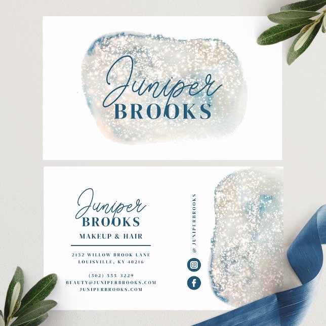 Icy Teal Social Media Glitter Watercolor Business Card (Creator Uploaded)