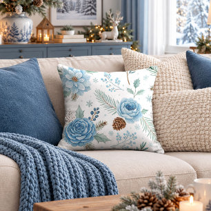 Icy Watercolor Winter Floral Decorative Throw Pill Pillow