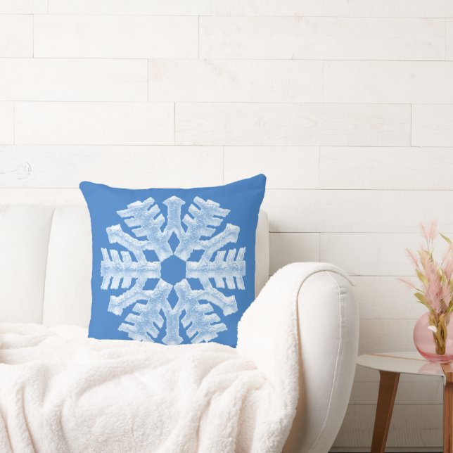 Icy White Frozen Snowflake Elegant Christmas Blue Throw Pillow (Couch)
