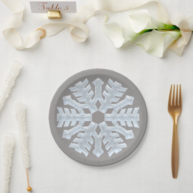 Icy White Frozen Snowflake Elegant Gray Christmas Paper Plates (Wedding)