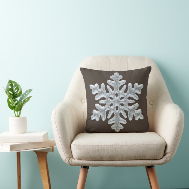 Icy White Frozen Snowflake Forest Christmas Brown Throw Pillow (Chair)