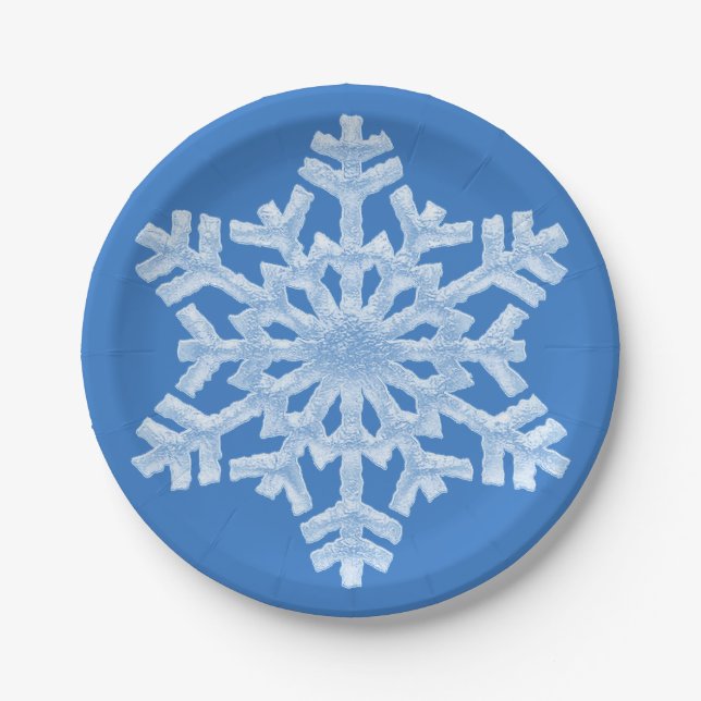 Icy White Frozen Snowflake Frosty Blue Christmas Paper Plates (Front)