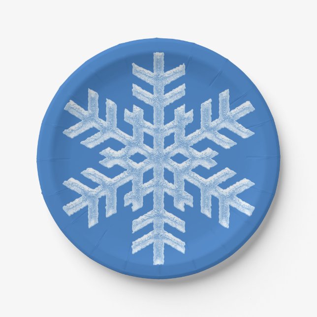 Icy White Snowflake Frozen Frosty Blue Christmas Paper Plates (Front)