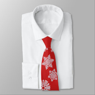 Icy White Snowflake on Cozy Warm Red Christmas Neck Tie